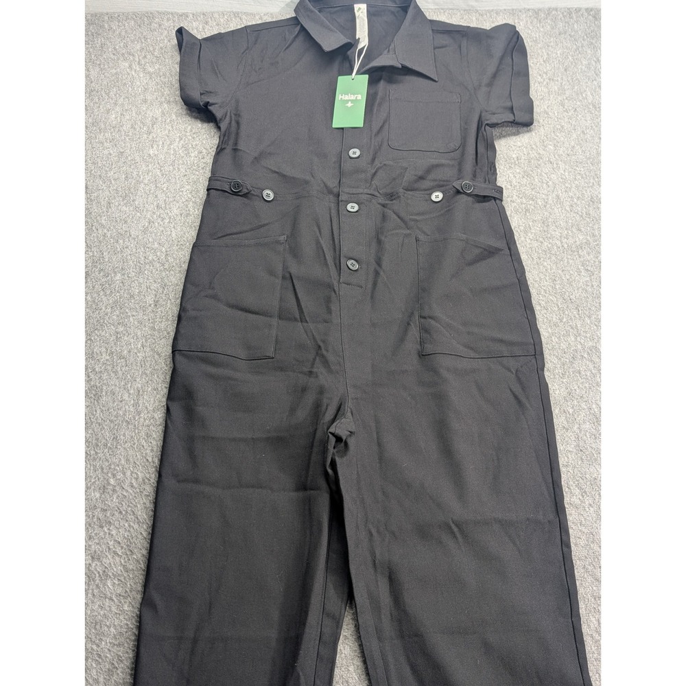 Halara Black Short Sleeve Utility Jumpsuit Button Front Adjustable Waist New